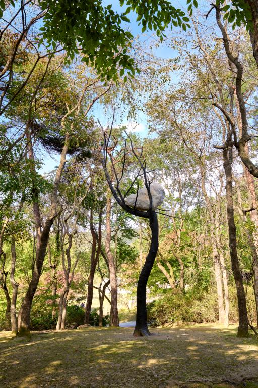 숲속에 자리한 검은 금속 기둥 형태의 조각 위에 흰색 바위가 얹혀 있는 작품. 주변에는 푸른 나무들이 둘러싸고 있으며, 가을 햇살이 나뭇잎 사이로 비치고 있다. 자연과 인공이 조화롭게 어우러진 풍경이 평화롭고 사색적인 분위기를 자아낸다